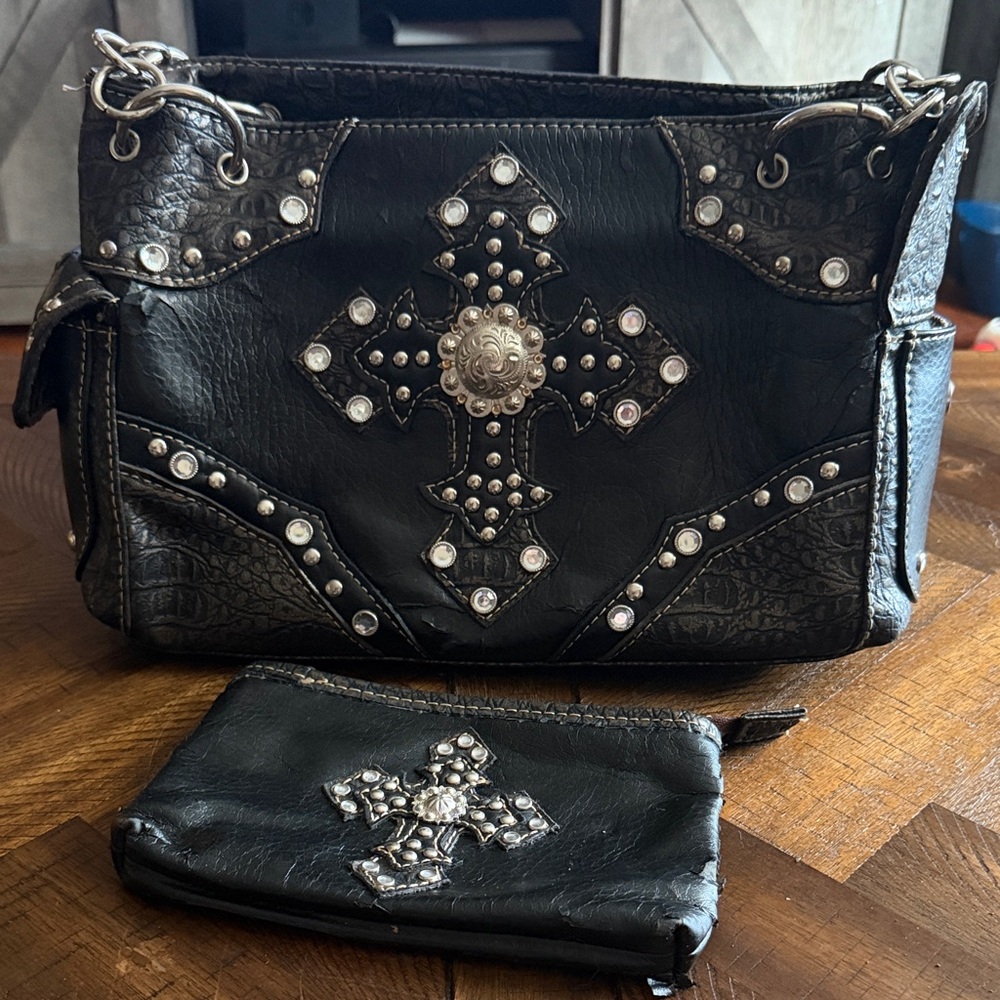 Black Embellished Bag and Pouch